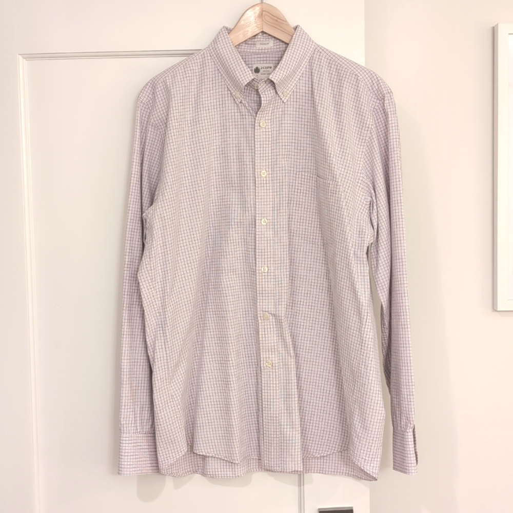 J.Crew men's dress shirt, size large, pink-white-blue checkered pattern